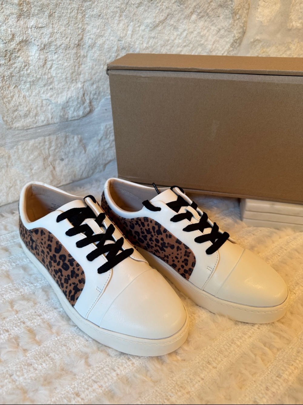 Joie White Leather Sneakers with Leopard Side Panels and Black Laces